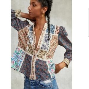 Anthropologie Pilcro Patchwork Embroidered Lace Button Up V Neck Blouse Size 4